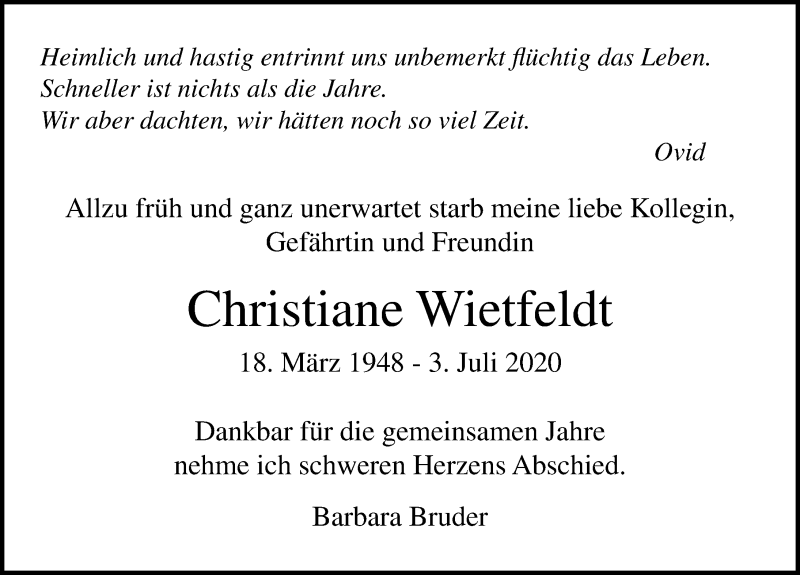  Traueranzeige für Christiane Wietfeldt vom 11.07.2020 aus Ostsee-Zeitung GmbH