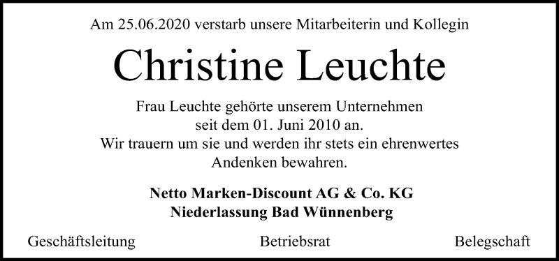  Traueranzeige für Christine Leuchte vom 04.07.2020 aus Schaumburger Nachrichten