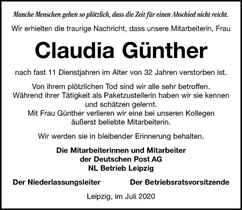  Traueranzeige für Claudia Günther vom 25.07.2020 aus Leipziger Volkszeitung