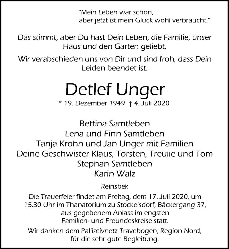  Traueranzeige für Detlef Unger vom 12.07.2020 aus Lübecker Nachrichten