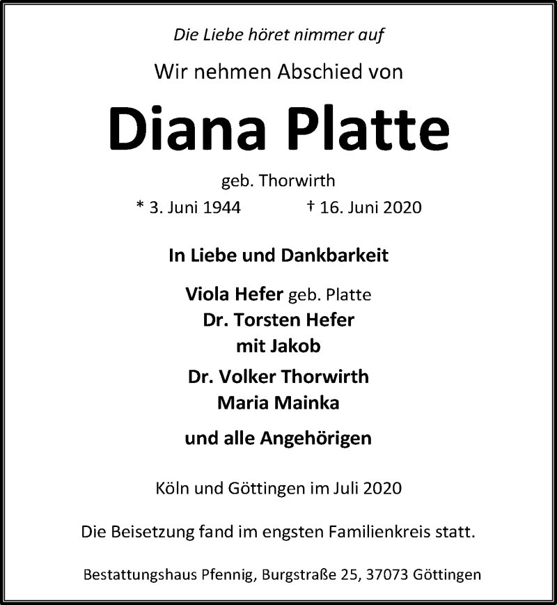  Traueranzeige für Diana Platte vom 18.07.2020 aus Göttinger Tageblatt