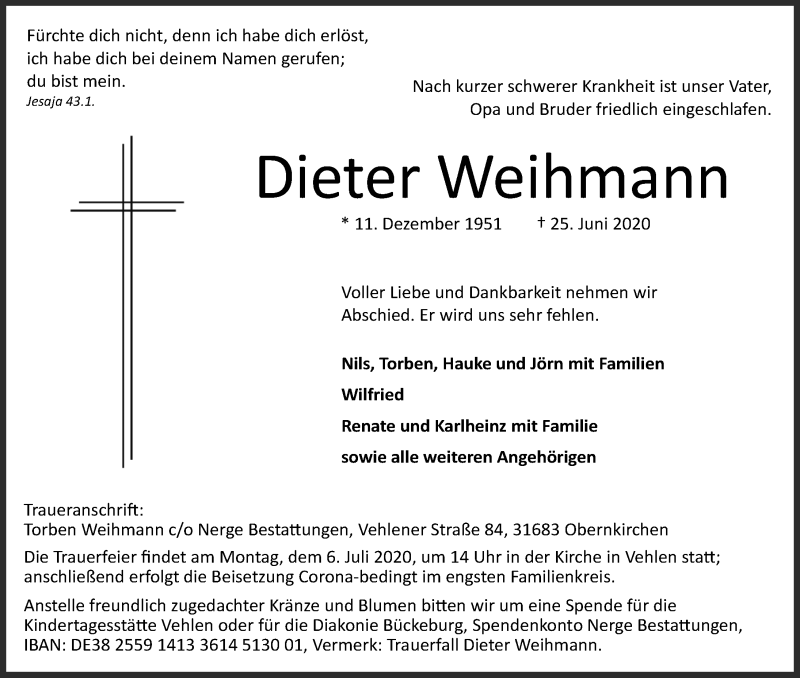  Traueranzeige für Dieter Weihmann vom 01.07.2020 aus Schaumburger Nachrichten