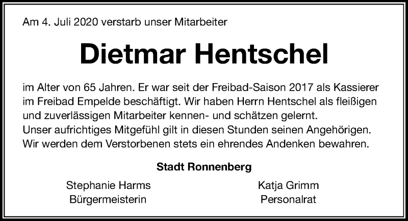  Traueranzeige für Dietmar Hentschel vom 11.07.2020 aus Hannoversche Allgemeine Zeitung/Neue Presse