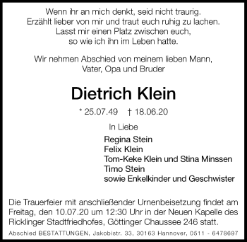 Traueranzeige von Dietrich Klein von Hannoversche Allgemeine Zeitung/Neue Presse