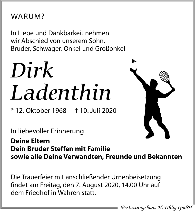  Traueranzeige für Dirk Ladenthin vom 25.07.2020 aus Leipziger Volkszeitung