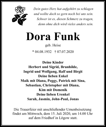 Traueranzeige von Dora Funk