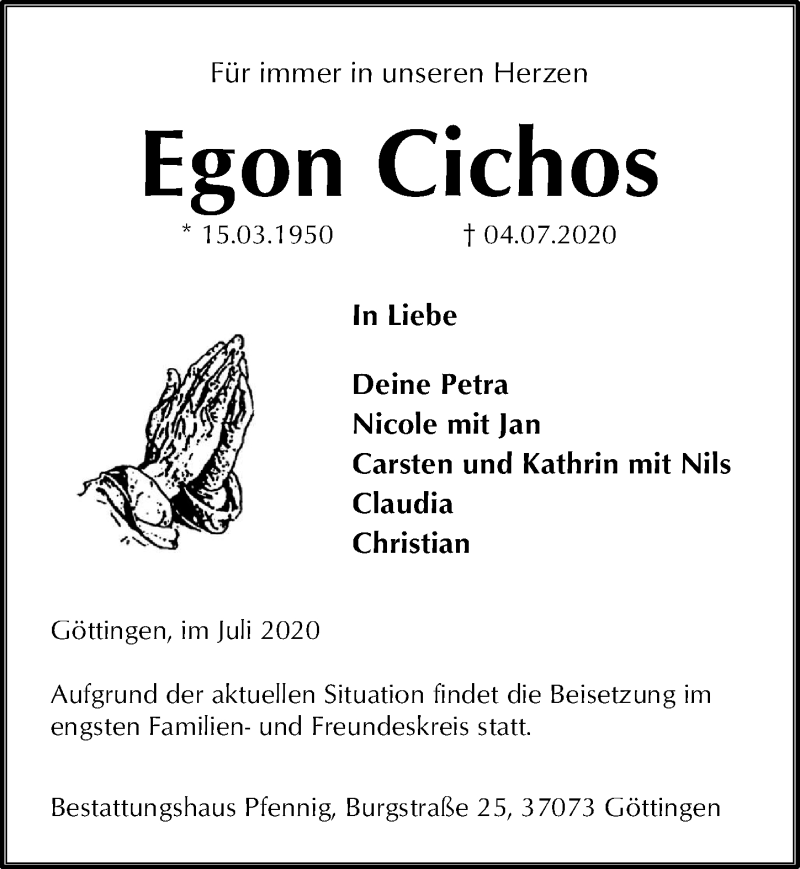  Traueranzeige für Egon Cichos vom 11.07.2020 aus Göttinger Tageblatt