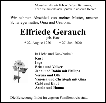 Traueranzeige von Elfriede Gerauch von Kieler Nachrichten