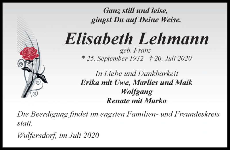  Traueranzeige für Elisabeth Lehmann vom 22.07.2020 aus Märkischen Allgemeine Zeitung
