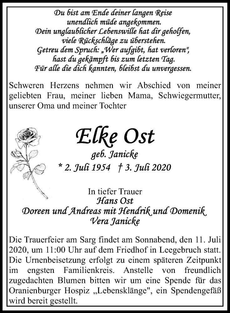  Traueranzeige für Elke Ost vom 08.07.2020 aus Märkischen Allgemeine Zeitung