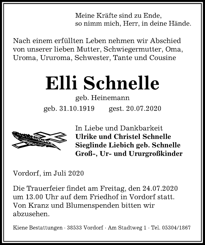  Traueranzeige für Elli Schnelle vom 22.07.2020 aus Aller Zeitung