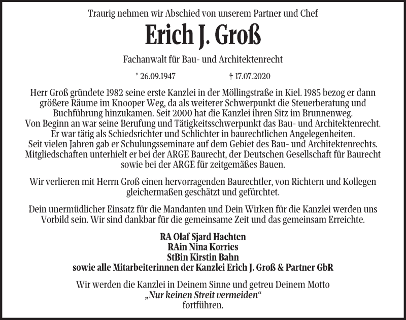  Traueranzeige für Erich Groß vom 25.07.2020 aus Kieler Nachrichten