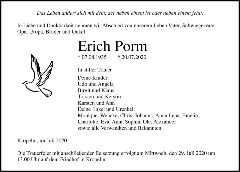  Traueranzeige für Erich Porm vom 25.07.2020 aus Ostsee-Zeitung GmbH