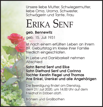 Traueranzeige von Erika Senf von Leipziger Volkszeitung