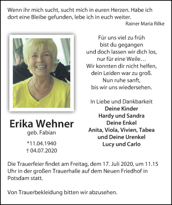 Traueranzeige von Erika Wehner von Märkischen Allgemeine Zeitung