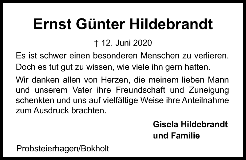  Traueranzeige für Ernst Günter Hildebrandt vom 18.07.2020 aus Kieler Nachrichten