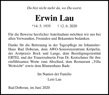 Traueranzeige von Erwin Lau von Ostsee-Zeitung GmbH