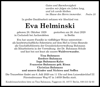 Traueranzeige von Eva Helminski von Hannoversche Allgemeine Zeitung/Neue Presse