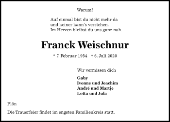 Traueranzeige von Franck Weischnur von Kieler Nachrichten