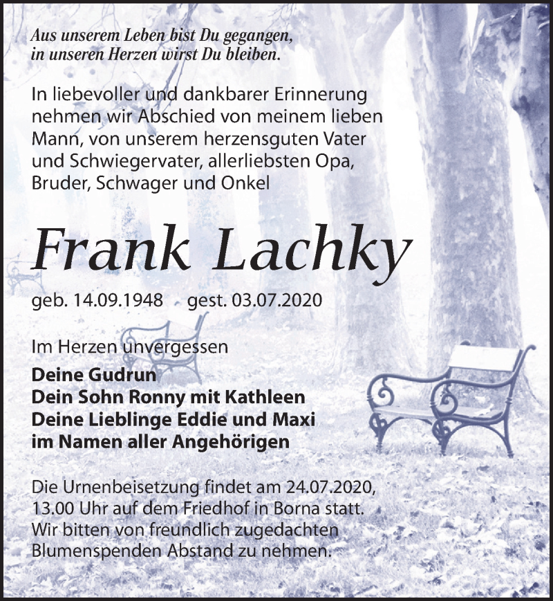  Traueranzeige für Frank Lachky vom 18.07.2020 aus Leipziger Volkszeitung