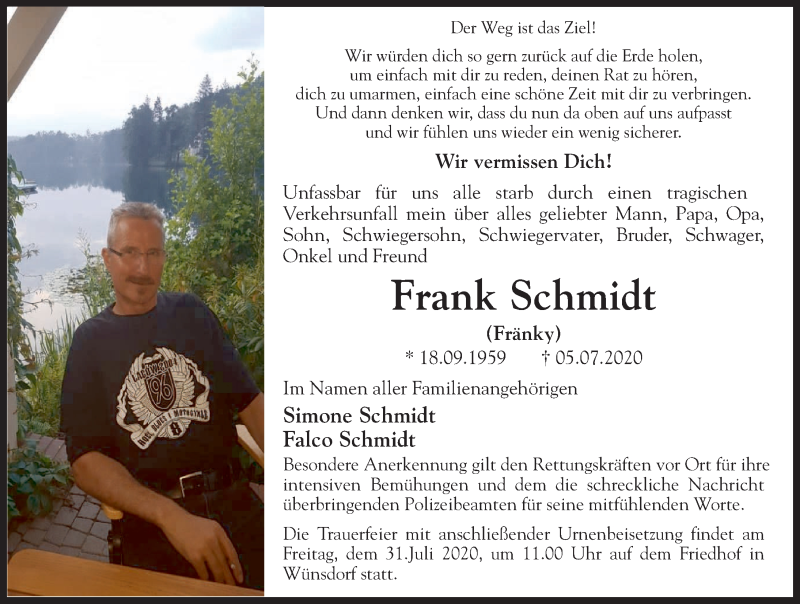  Traueranzeige für Frank Schmidt vom 11.07.2020 aus Märkischen Allgemeine Zeitung