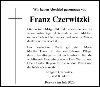 Traueranzeige von Franz Czerwitzki von Ostsee-Zeitung GmbH