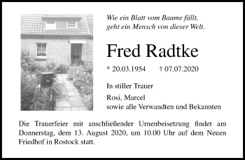 Traueranzeige von Fred Radtke von Ostsee-Zeitung GmbH