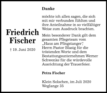 Traueranzeige von Friedrich Fischer von Peiner Allgemeine Zeitung