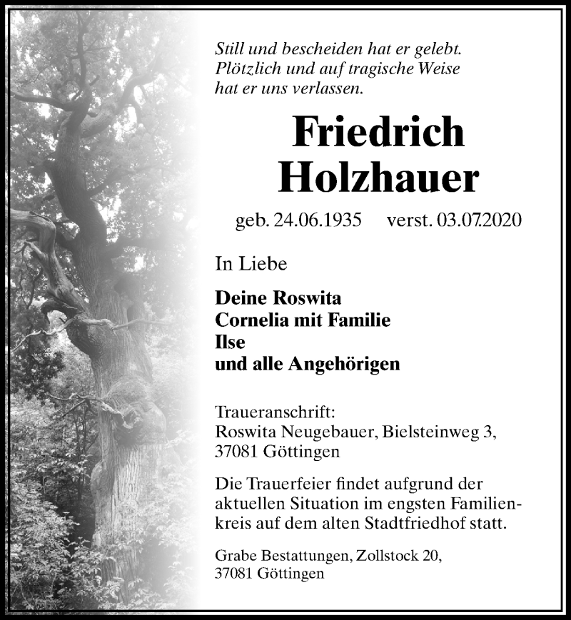  Traueranzeige für Friedrich Holzhauer vom 11.07.2020 aus Göttinger Tageblatt