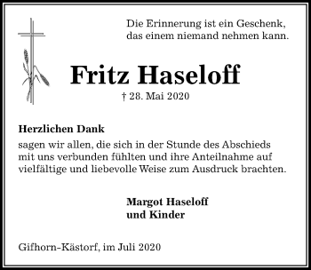 Traueranzeige von Fritz Haseloff von Aller Zeitung