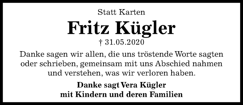  Traueranzeige für Fritz Kügler vom 18.07.2020 aus Hannoversche Allgemeine Zeitung/Neue Presse