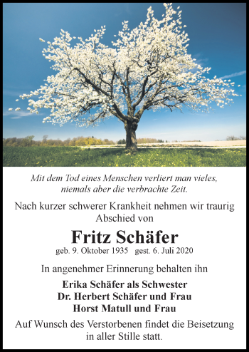 Traueranzeige von Fritz Schäfer von Ostsee-Zeitung GmbH