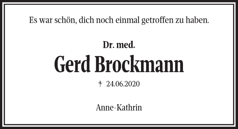  Traueranzeige für Gerd Brockmann vom 11.07.2020 aus Kieler Nachrichten