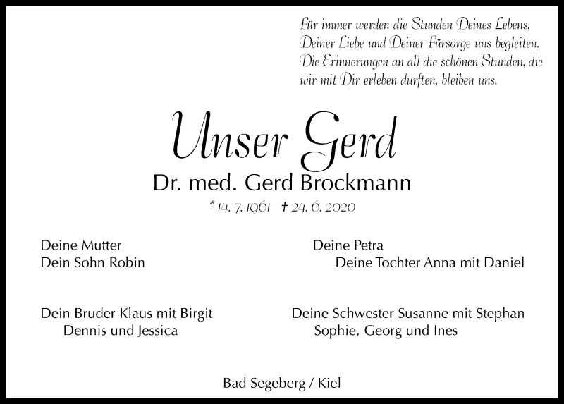  Traueranzeige für Gerd Brockmann vom 04.07.2020 aus Kieler Nachrichten