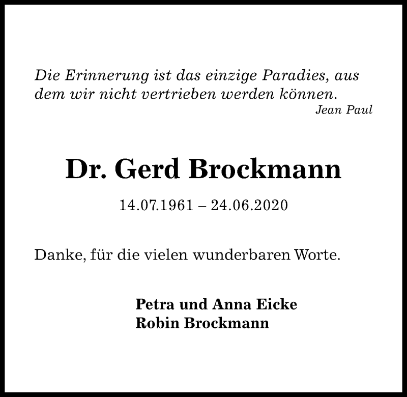  Traueranzeige für Gerd Brockmann vom 25.07.2020 aus Kieler Nachrichten