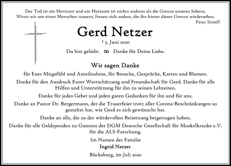  Traueranzeige für Gerd Netzer vom 11.07.2020 aus Schaumburger Nachrichten