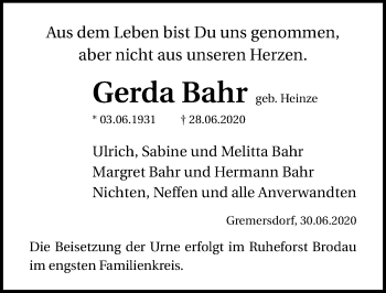 Traueranzeige von Gerda Bahr von Lübecker Nachrichten