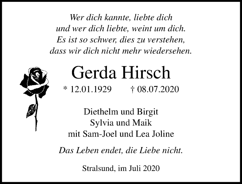  Traueranzeige für Gerda Hirsch vom 18.07.2020 aus Ostsee-Zeitung GmbH