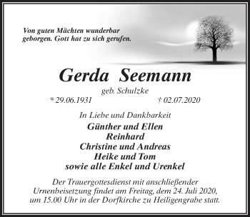 Traueranzeige von Gerda Seemann von Märkischen Allgemeine Zeitung