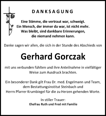 Traueranzeige von Gerhard Gorczak von Leipziger Volkszeitung