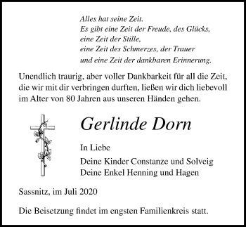 Traueranzeige von Gerlinde Dorn von Ostsee-Zeitung GmbH