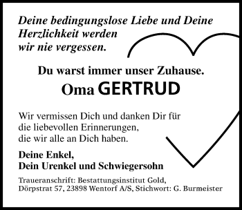 Traueranzeige von Gertrud  von Lübecker Nachrichten