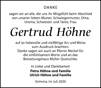 Traueranzeige von Gertrud Höhne von Leipziger Volkszeitung