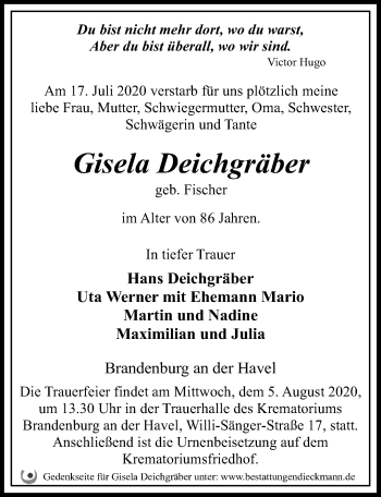 Traueranzeige von Gisela Deichgräber von Märkischen Allgemeine Zeitung