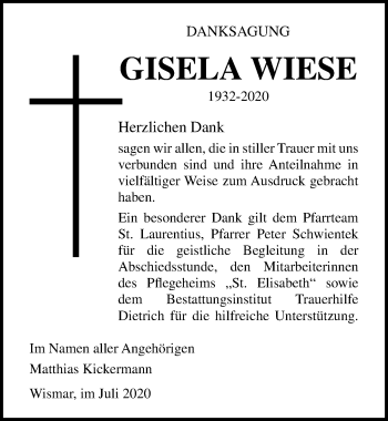 Traueranzeige von Gisela Wiese von Ostsee-Zeitung GmbH