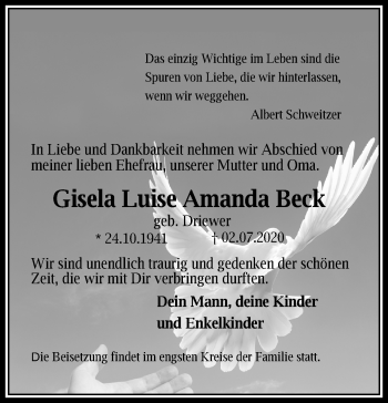 Traueranzeige von Gisela Luise Amanda Beck von Kieler Nachrichten