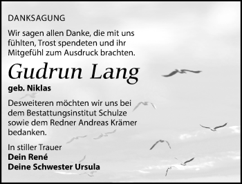 Traueranzeige von Gudrun Lang von Leipziger Volkszeitung