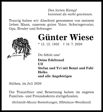 Traueranzeige von Günter Wiese von Hannoversche Allgemeine Zeitung/Neue Presse