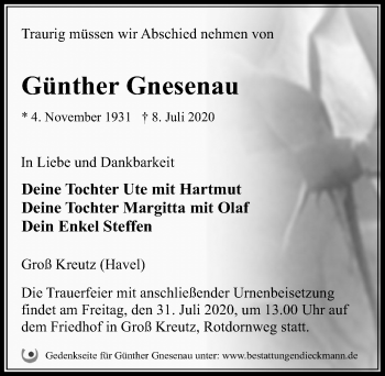Traueranzeige von Günther Gnesenau von Märkischen Allgemeine Zeitung