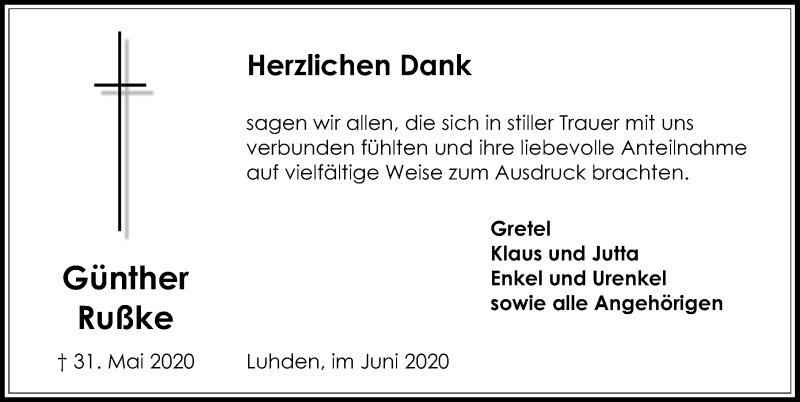  Traueranzeige für Günther Rußke vom 04.07.2020 aus Schaumburger Nachrichten